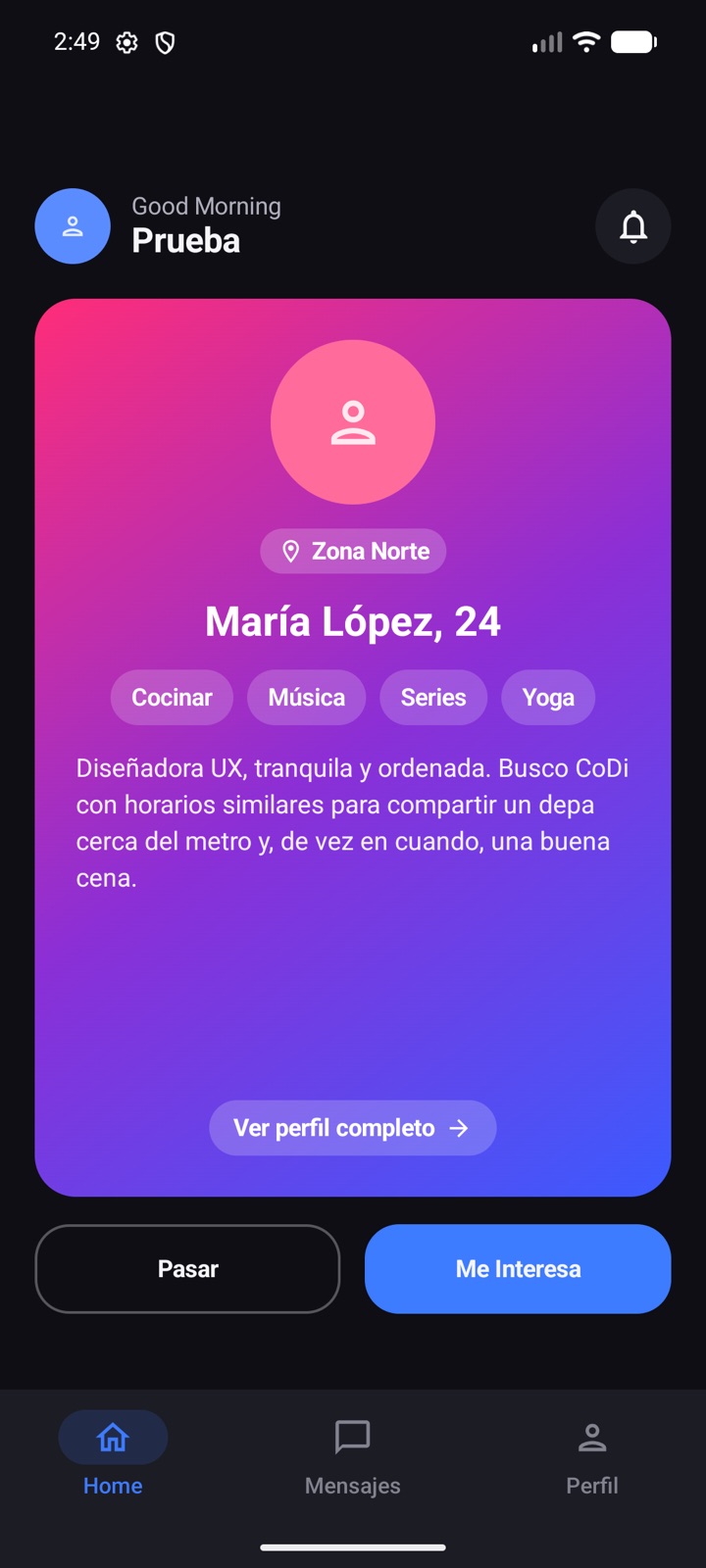Tarjeta de un perfil en el mazo de Home
