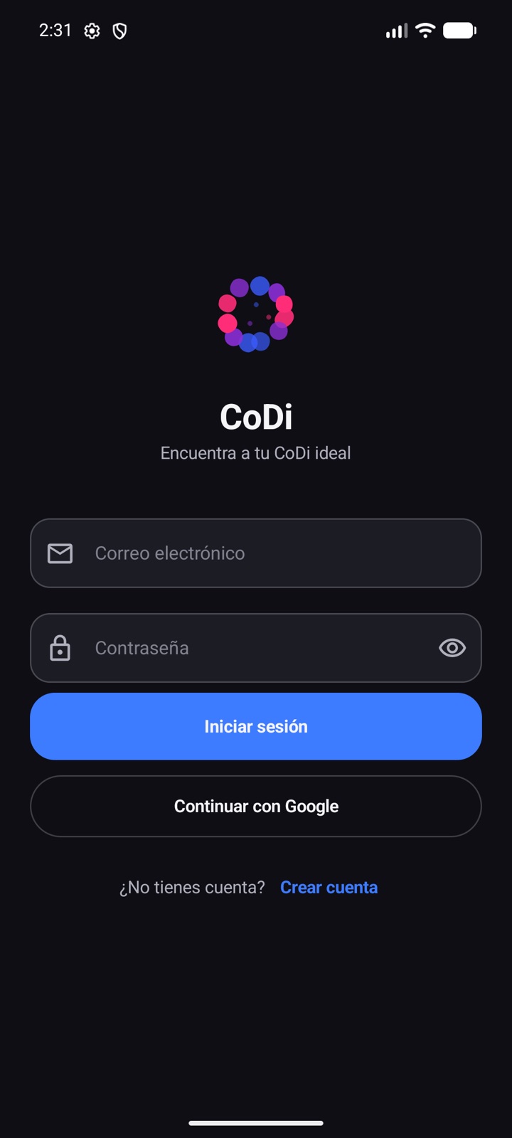 Pantalla de inicio de sesión de CoDi