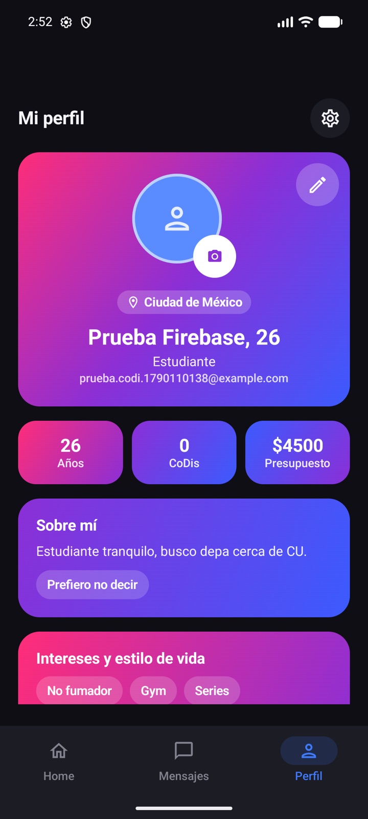 Pantalla de perfil con edad, CoDis y presupuesto
